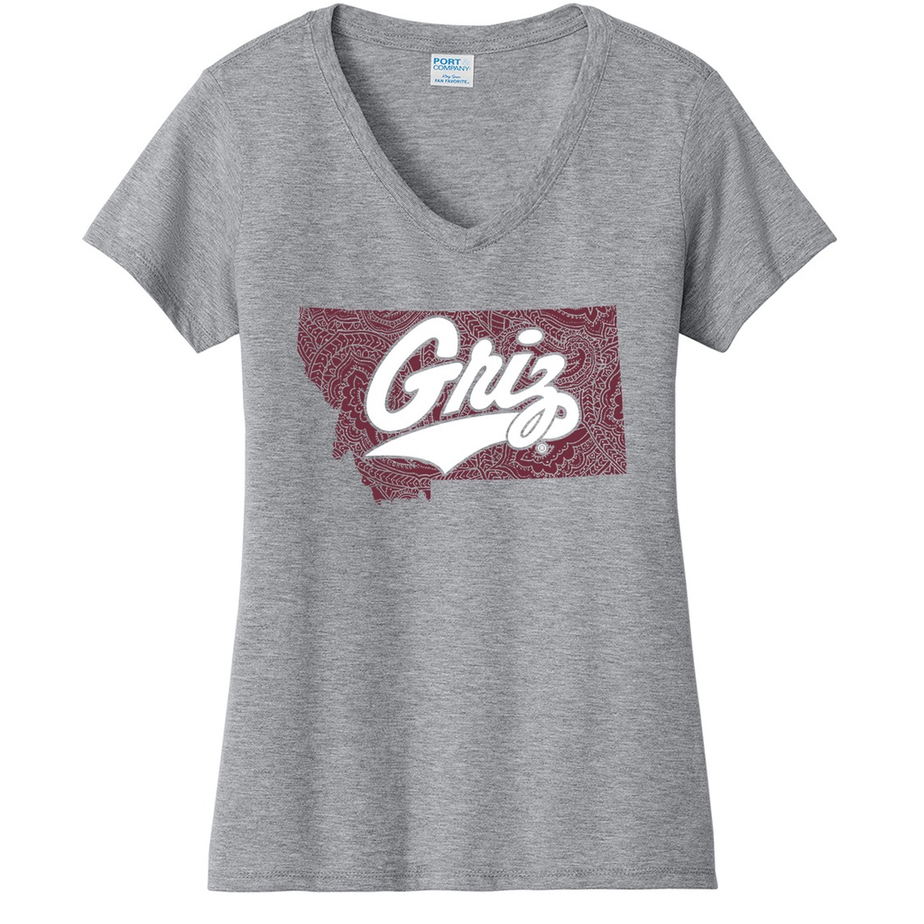 Paisley Montana Griz Script - Ladies Cotton V-Neck Tee