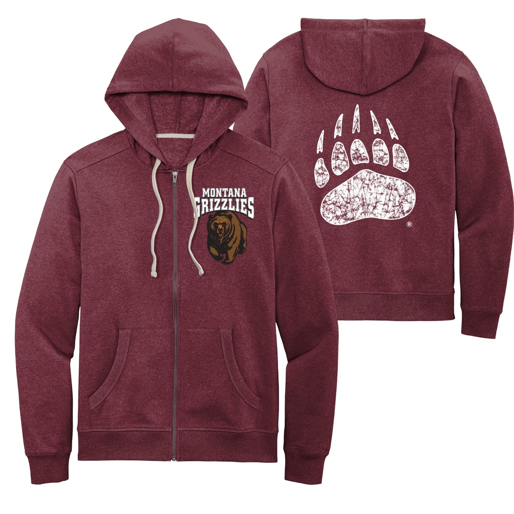 Griz Charging Bear Chest & Distressed Paw Backside - Recycled Fleece Full Zip Hoodie