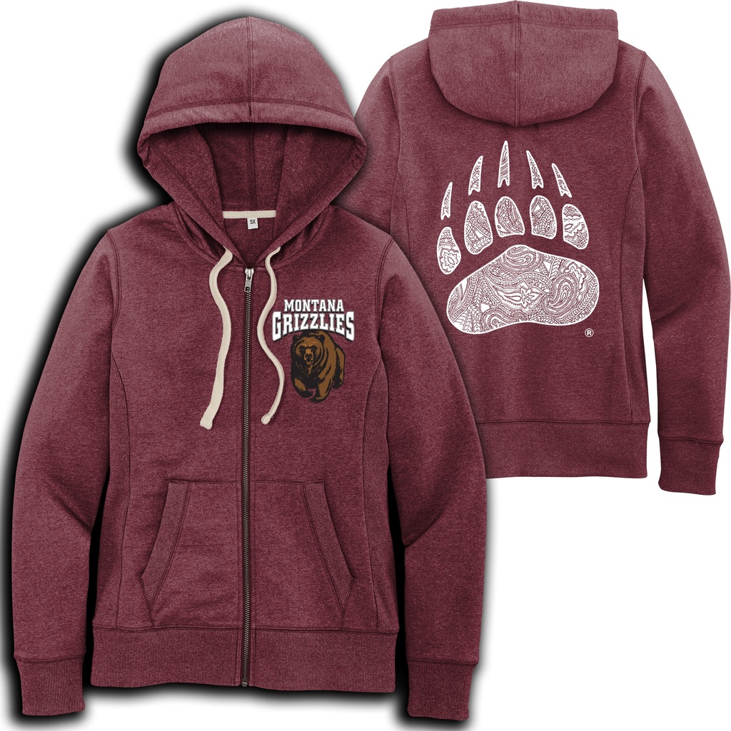 Griz Charging Bear Chest & Silver Shimmer Paw Backside - Women's Recycled Full-Zip Hoodie