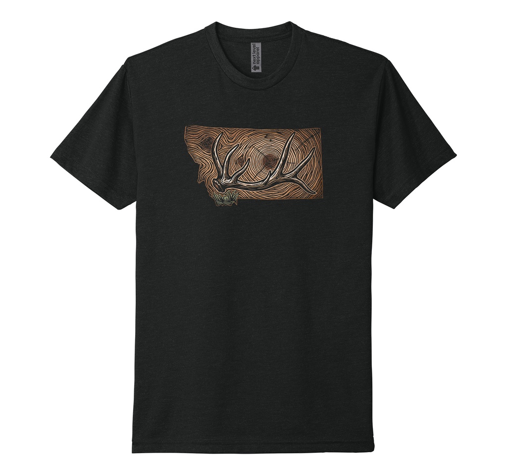 Watercolor Woodcut Elk Tine MT - Unisex CVC Tee