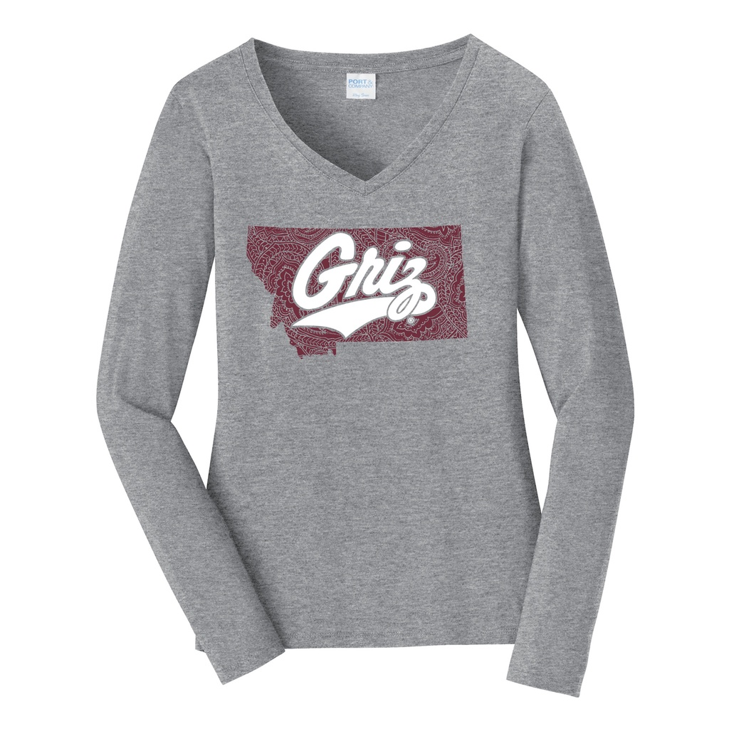 Ladies Long Sleeve Fan Favorite V-Neck Tee - Paisley Montana Griz Script