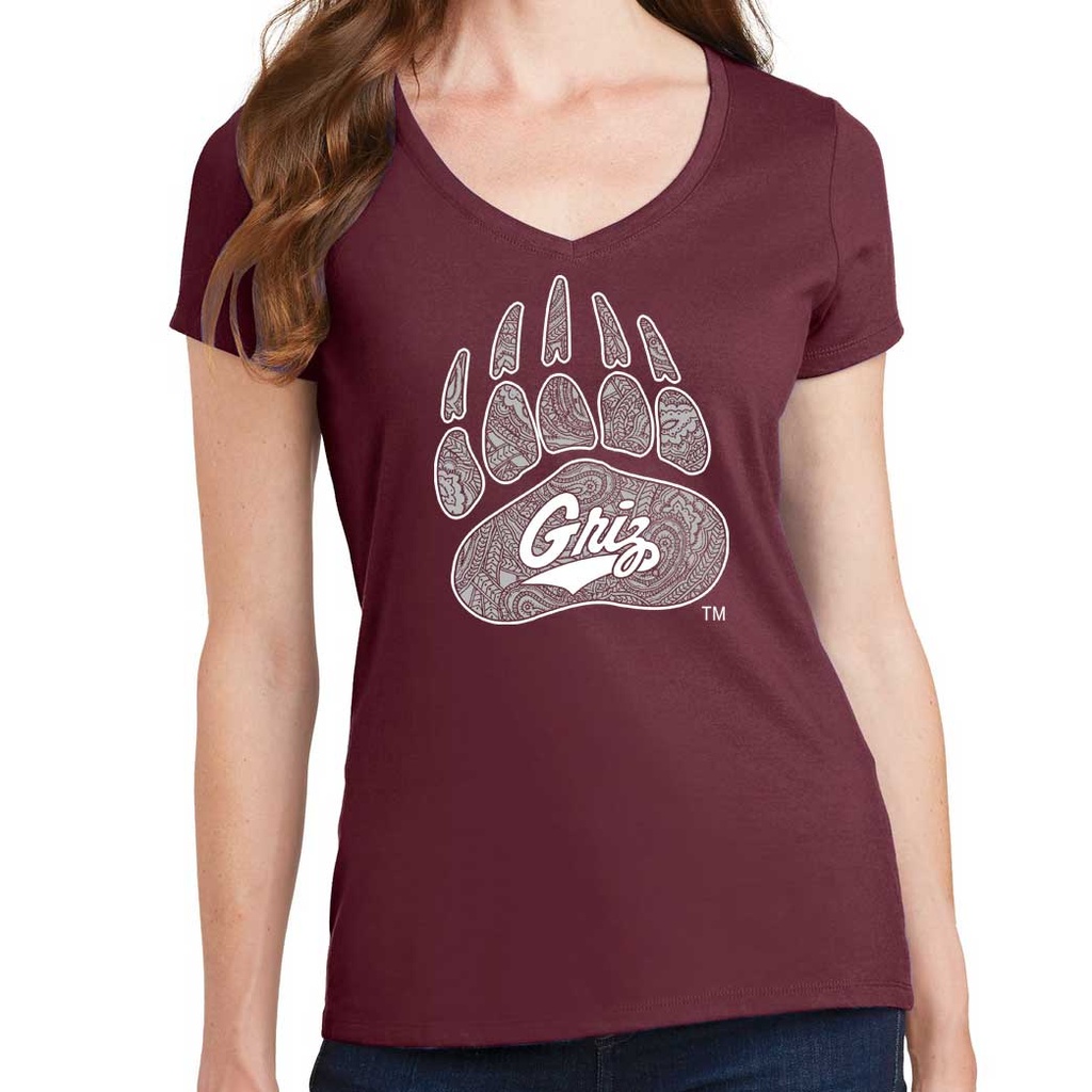 Ladies' Griz Script and Paw 100% Cotton V-Neck T-shirt