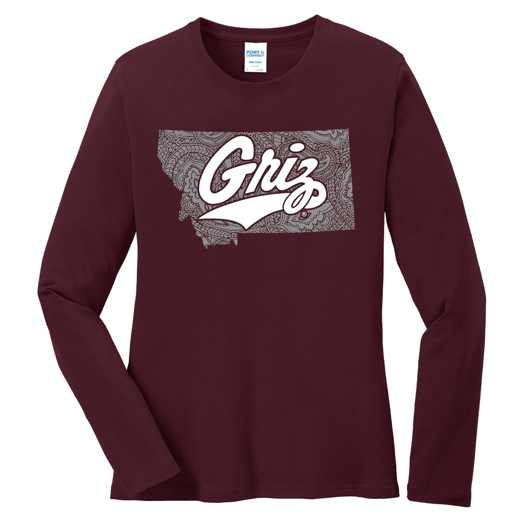 Ladies Long Sleeve Core Cotton Tee Paisley Montana Griz Script