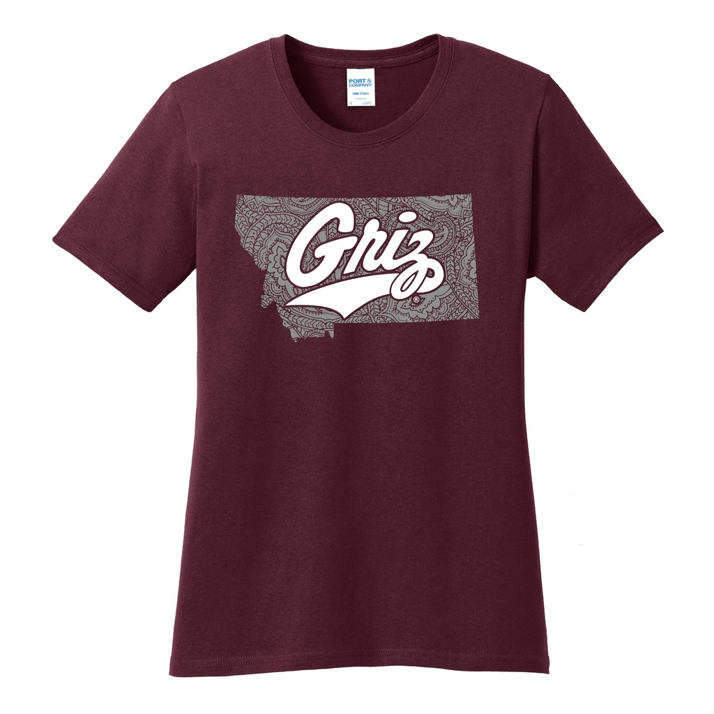 Ladies Core Cotton Tee Paisley Montana Griz Script