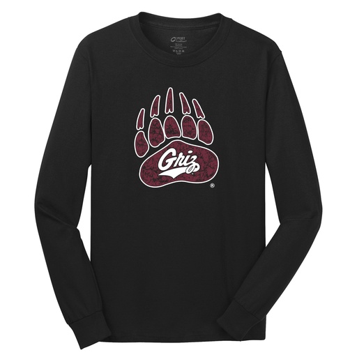 Long Sleeve Cotton Tee - Distressed Bear Paw and Script