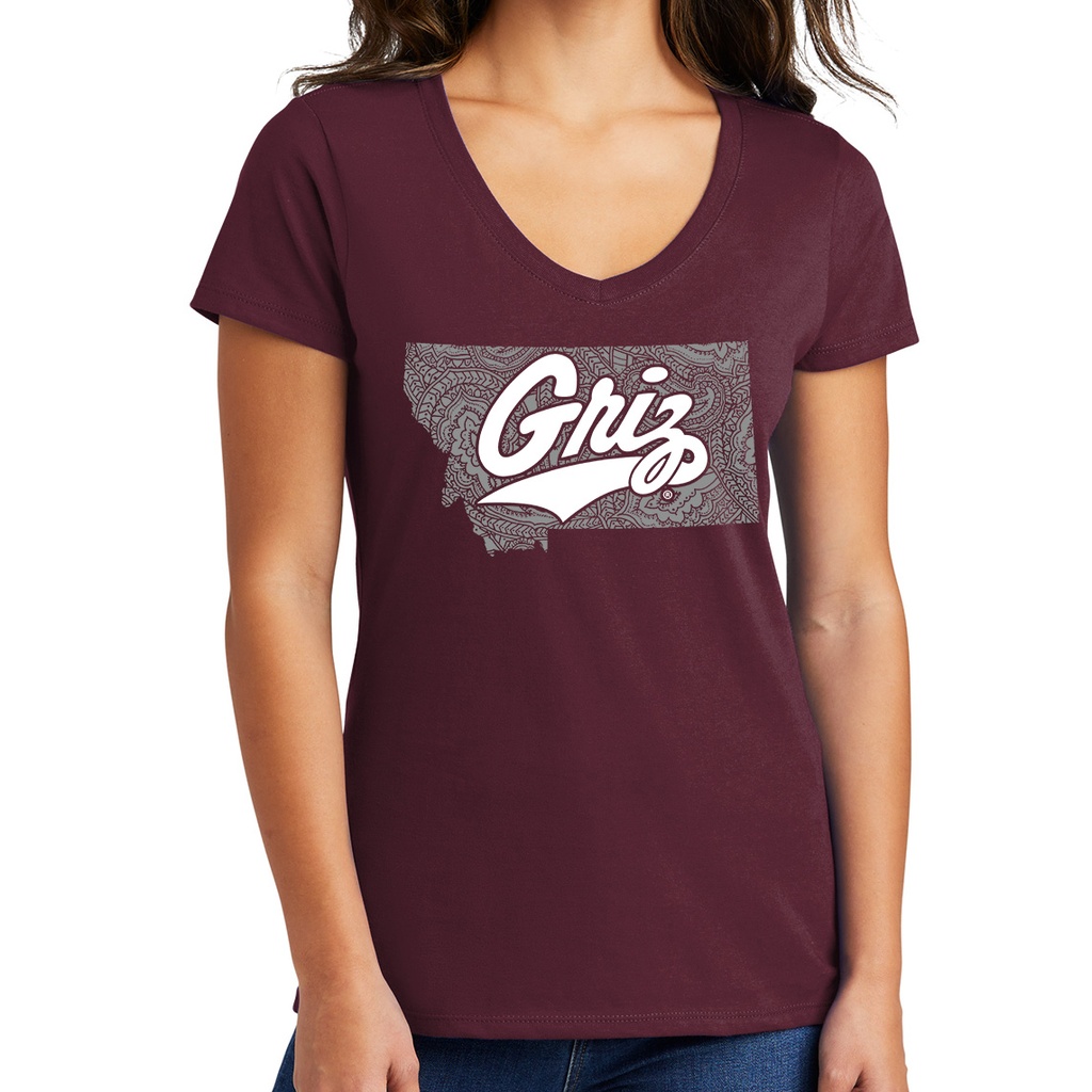 Paisley Montana Griz Script - Ladies Cotton V-Neck Tee