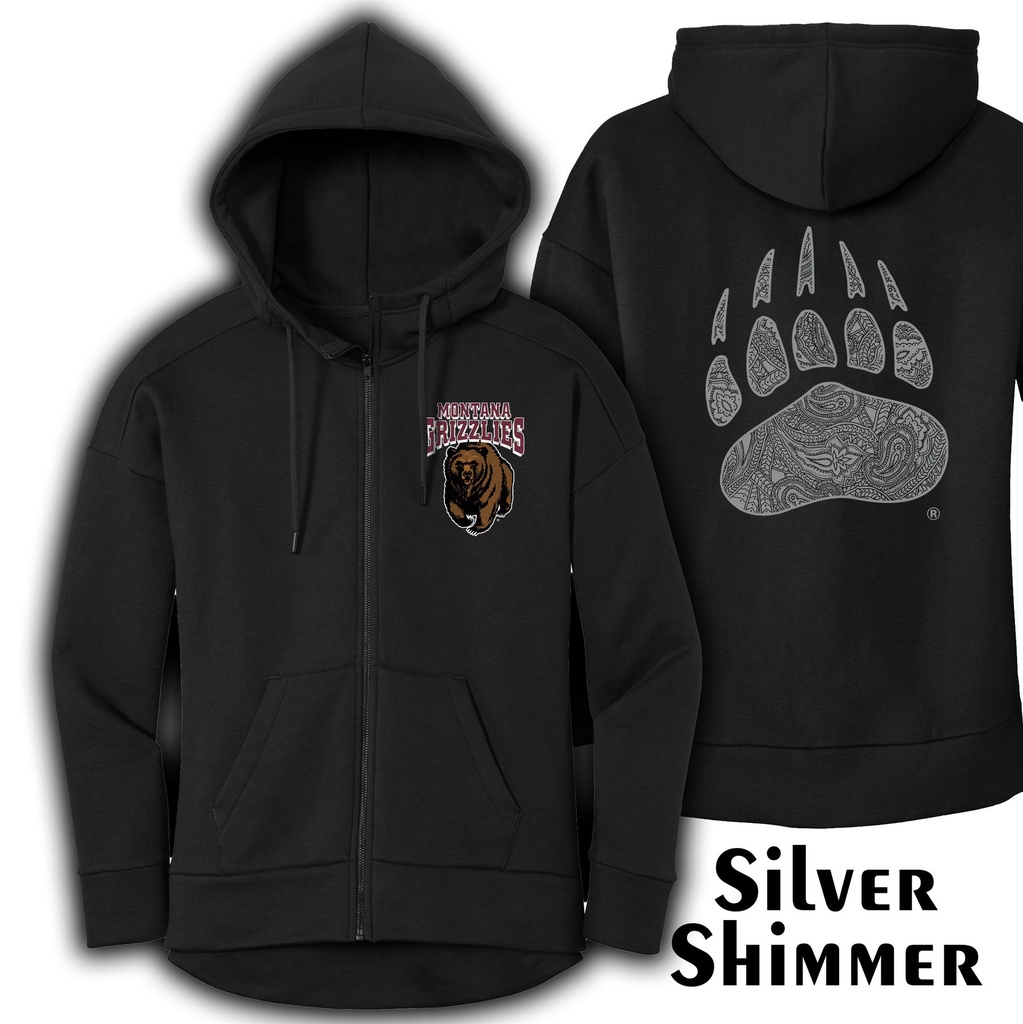 Griz Charging Bear Chest & Silver Shimmer Paw Backside - Women's Full-Zip Hoodie