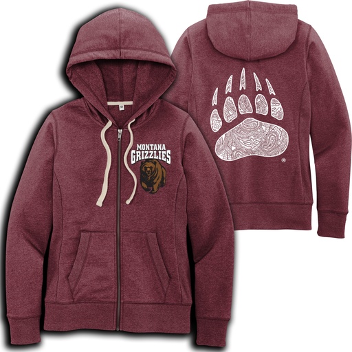 Griz Charging Bear Chest & Silver Shimmer Paw Backside - Women's Recycled Full-Zip Hoodie