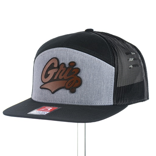 [168-MTG02-HGB] Leather Griz Script - Seven-Panel Trucker Cap